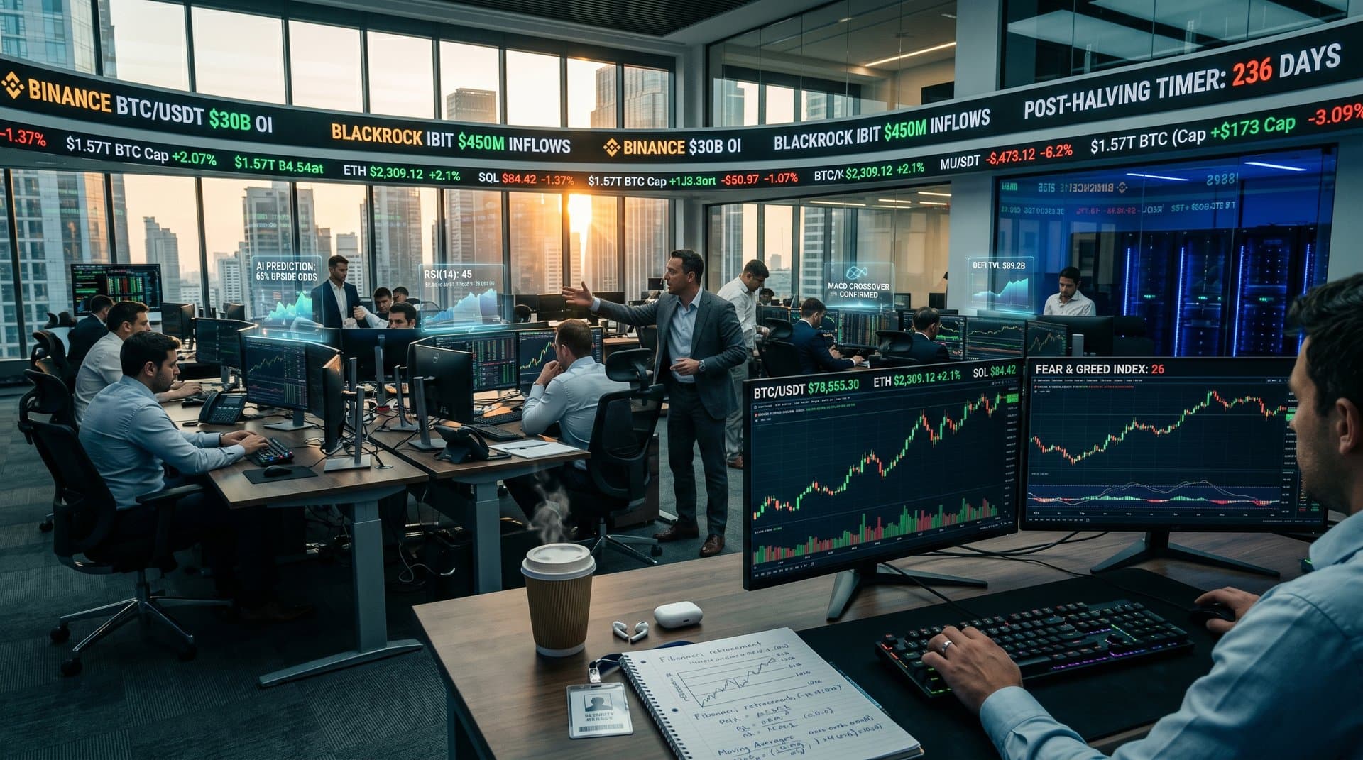 Trading floor monitors show BTC at $78,555 charts, AI models, and DeFi metrics against city skyline