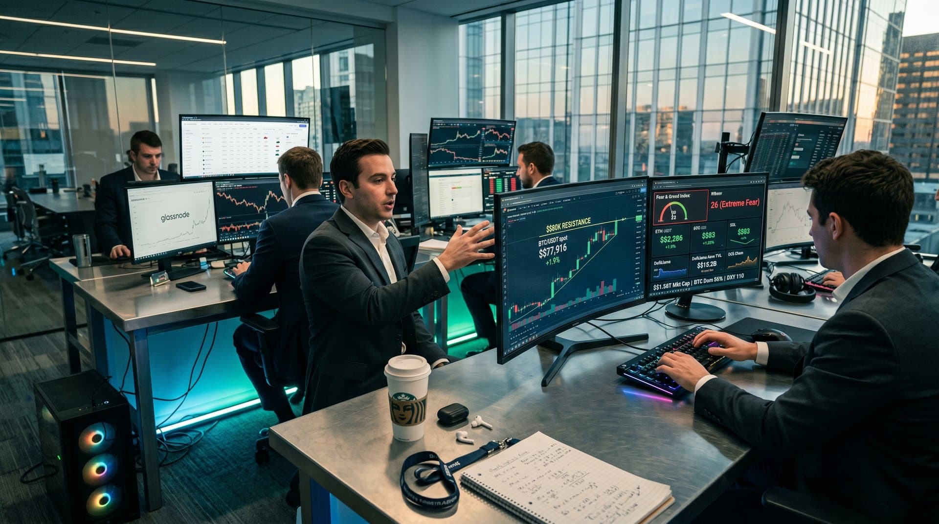Crypto traders analyze BTC price charts at $78K, Fear & Greed at 26, and DeFi metrics on multi-monitor trading desks