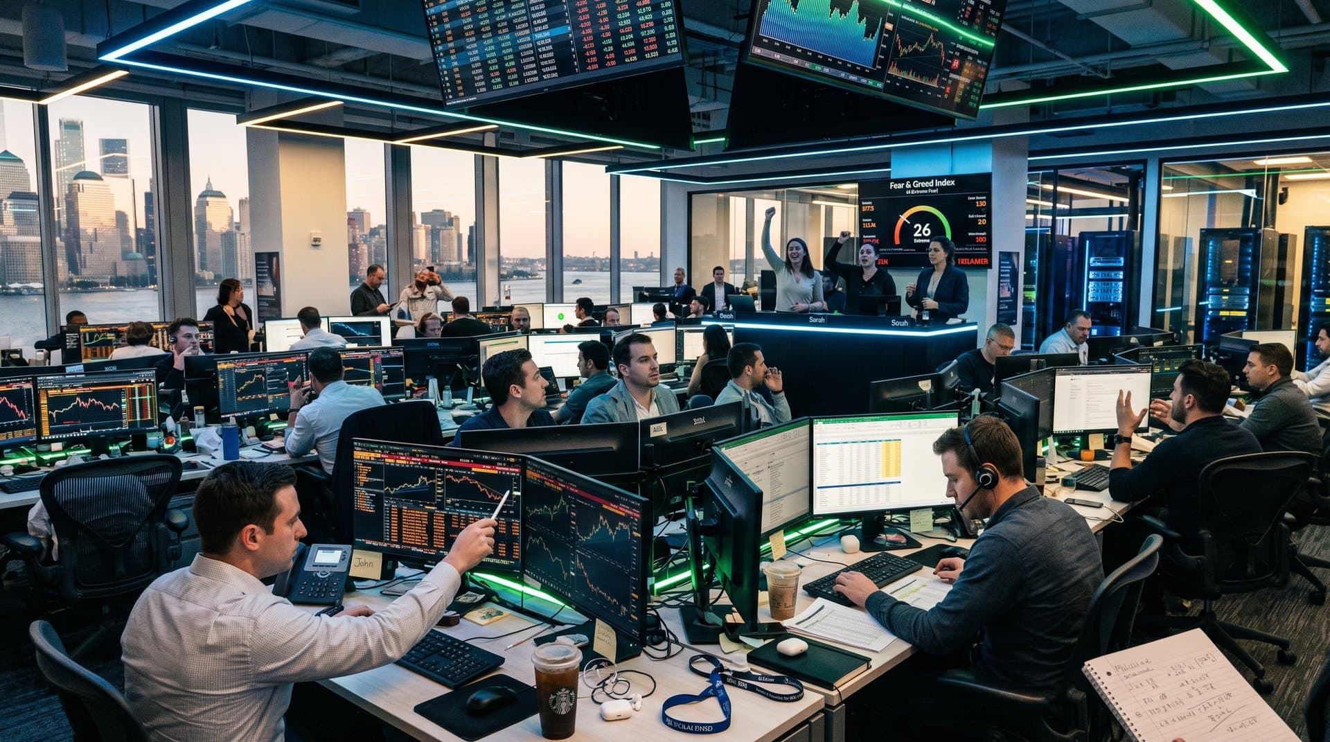 Modern trading floor with Bloomberg terminals showing BTC at $78,247, ETH charts, DeFi data, and Fear & Greed Index amid city skyline.