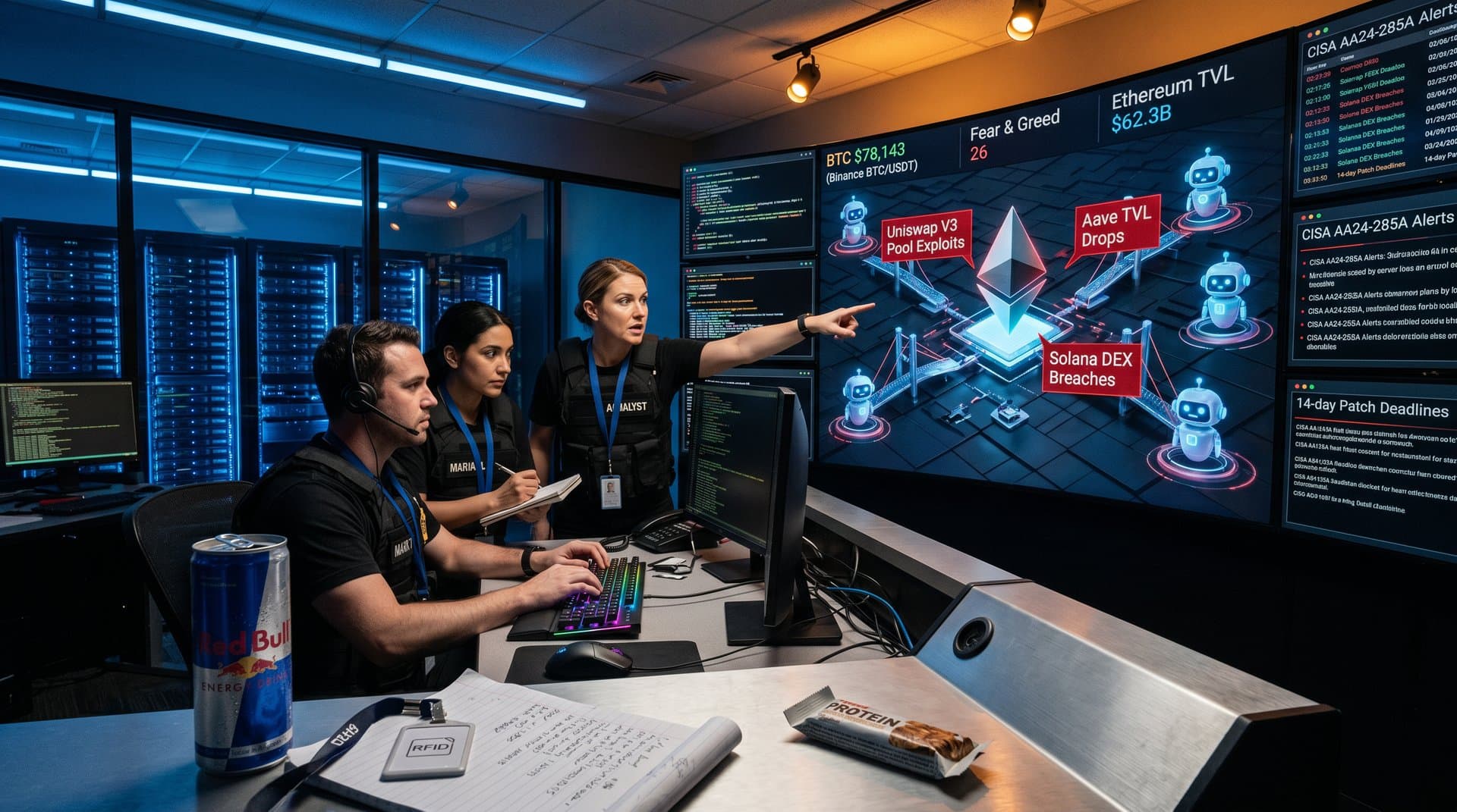 Cybersecurity team reviews AI threat maps, DeFi TVL charts, and BTC price amid server racks in ops center