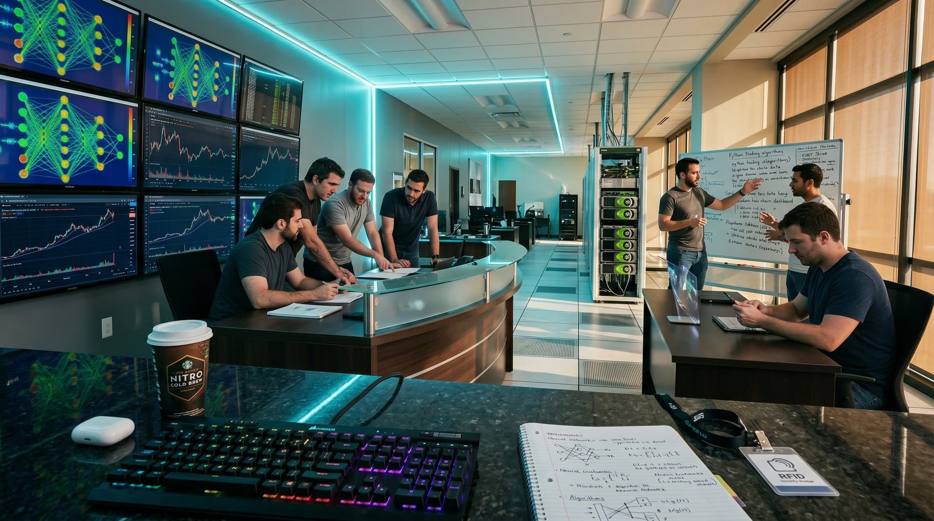 Futuristic AI lab scene with monitors showing neural networks and crypto price charts amid GPU server racks