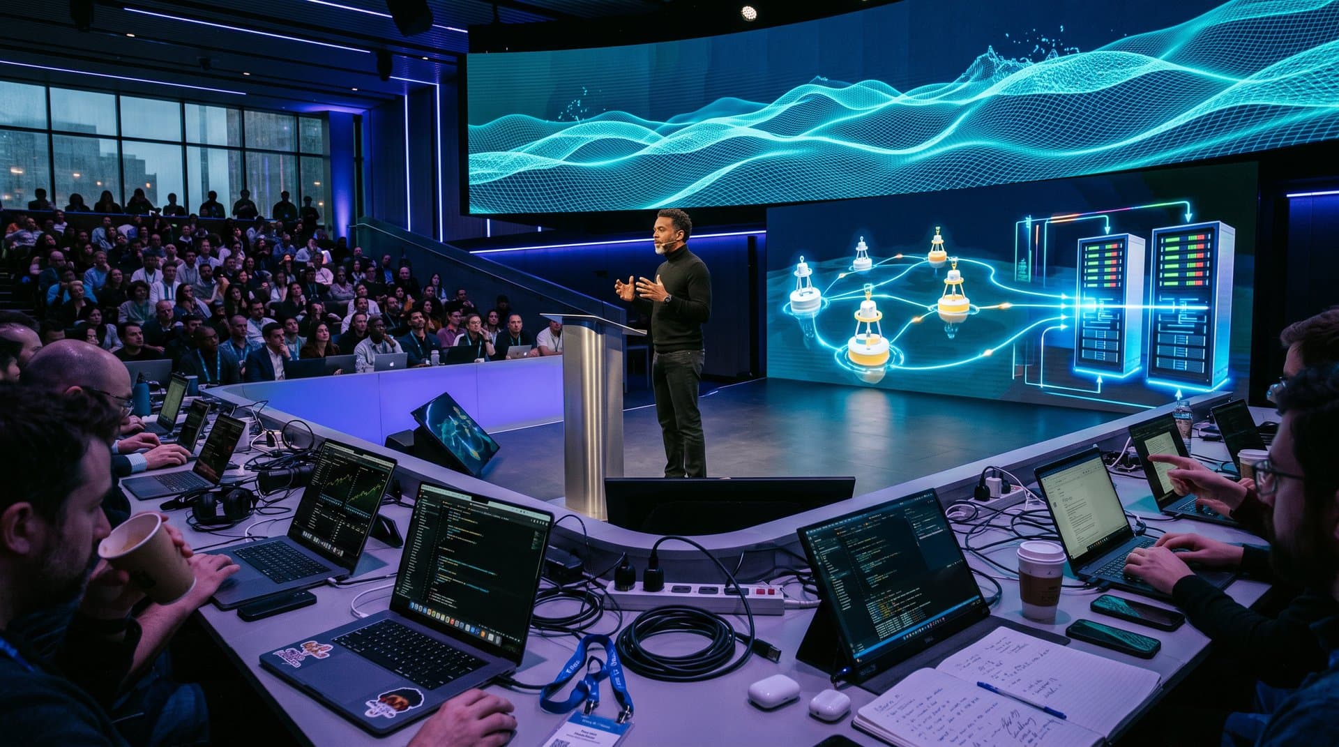 Tech conference stage with holographic wave energy buoys on LED screen, engineers at media desks viewing AI charts in modern auditorium