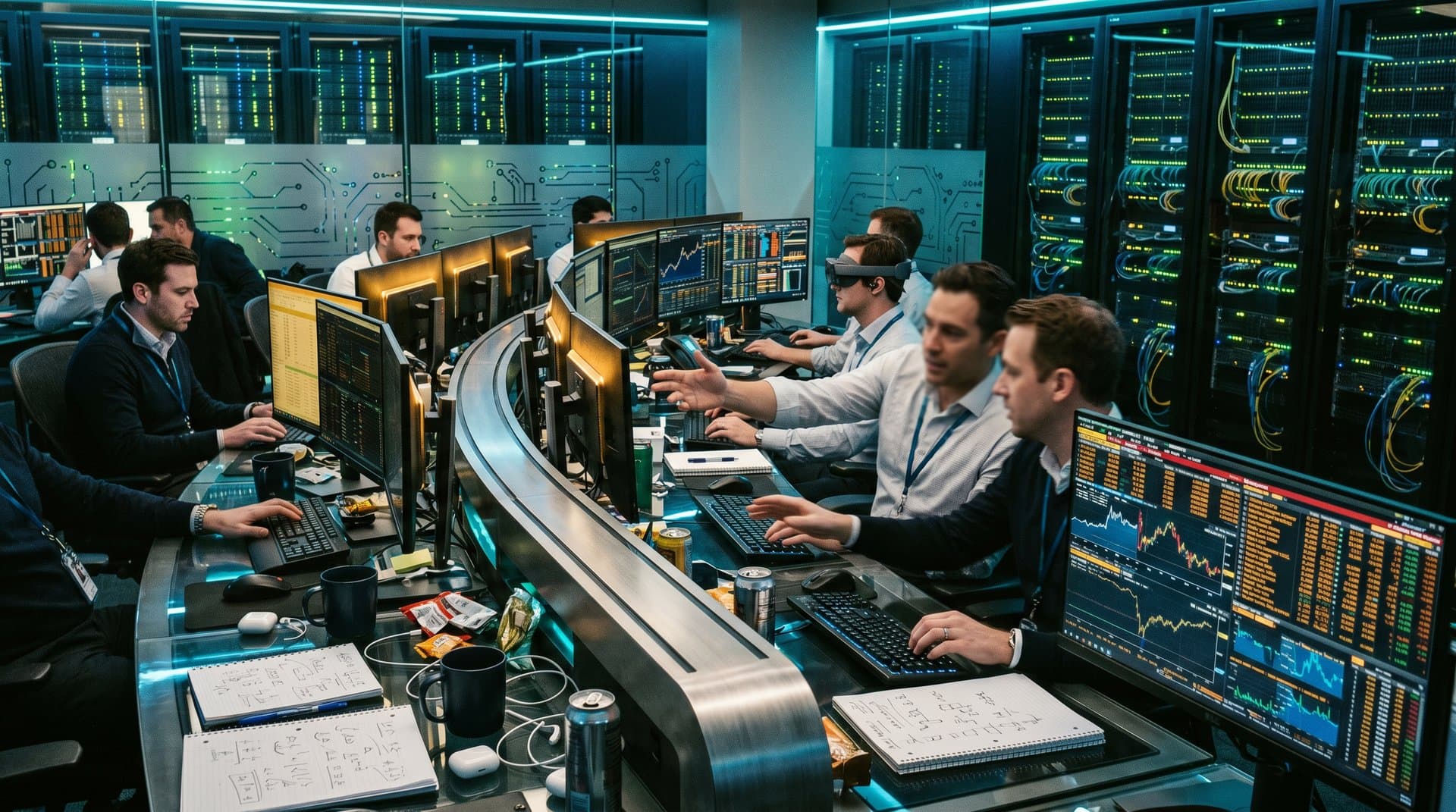 Futuristic trading desks with AI cryptocurrency trading bot dashboards, BTC/USDT $80,349 charts, Fear & Greed 40 in high-tech center