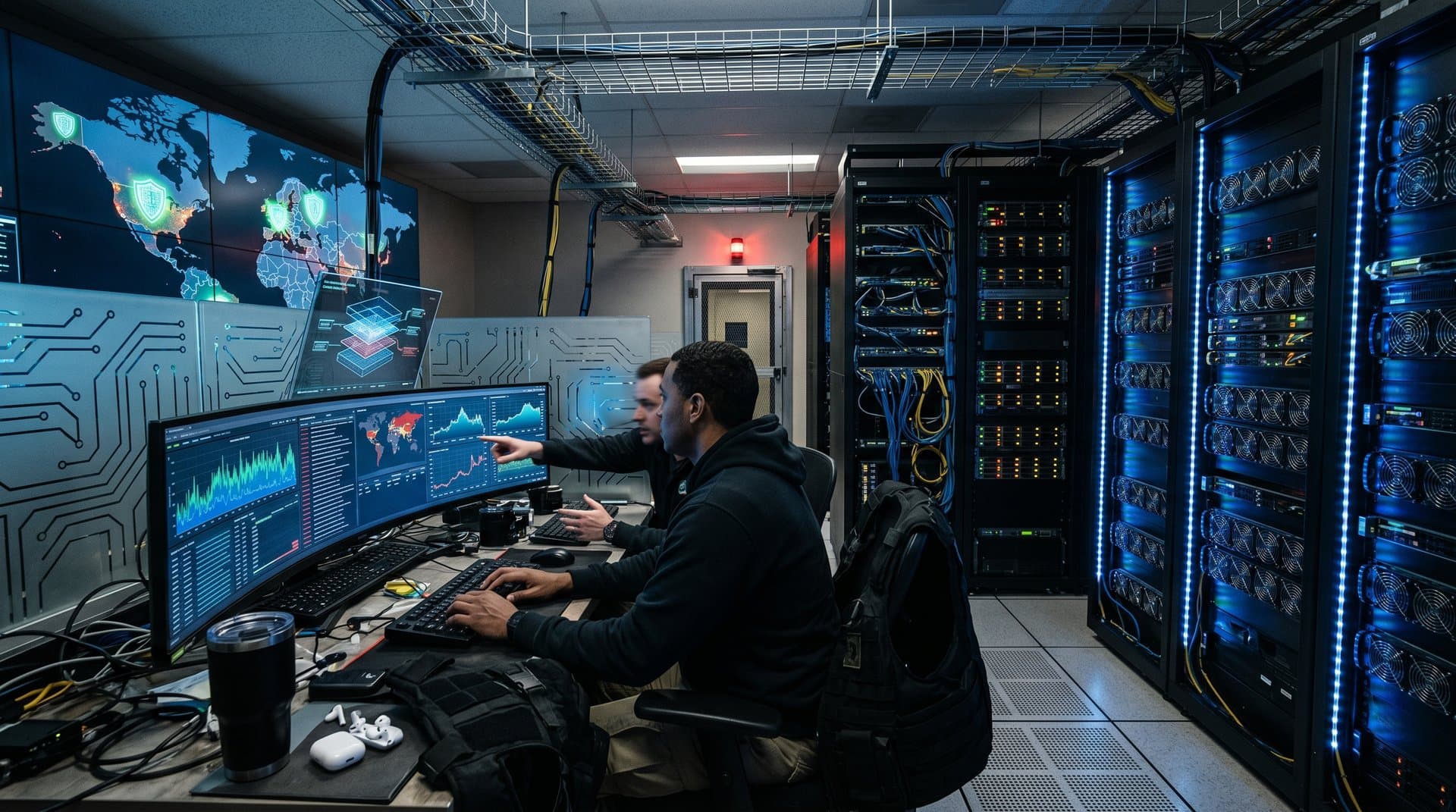 Cybersecurity team monitors AI cyber defense simulations in secure US Army data center with server racks and dashboards