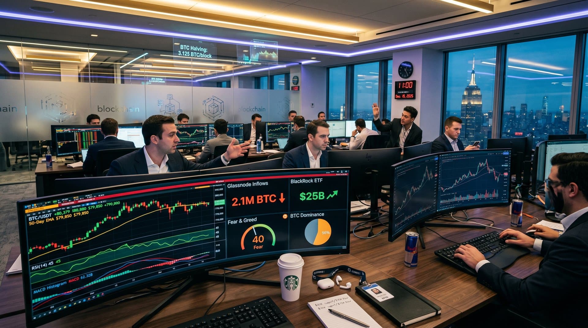 Trading screens display BTC at $80K, Fear & Greed 40, RSI charts, and on-chain metrics on finance desks