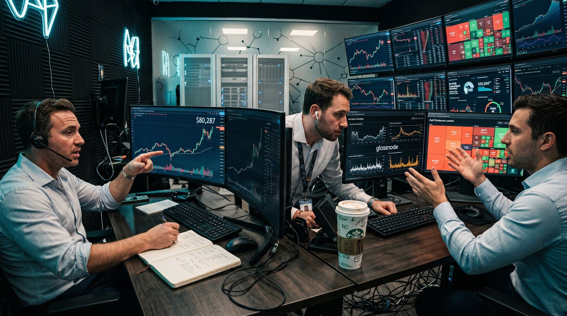 Trading screens show Bitcoin at $80,287 and Fear & Greed Index at 40 with on-chain charts in professional finance setting
