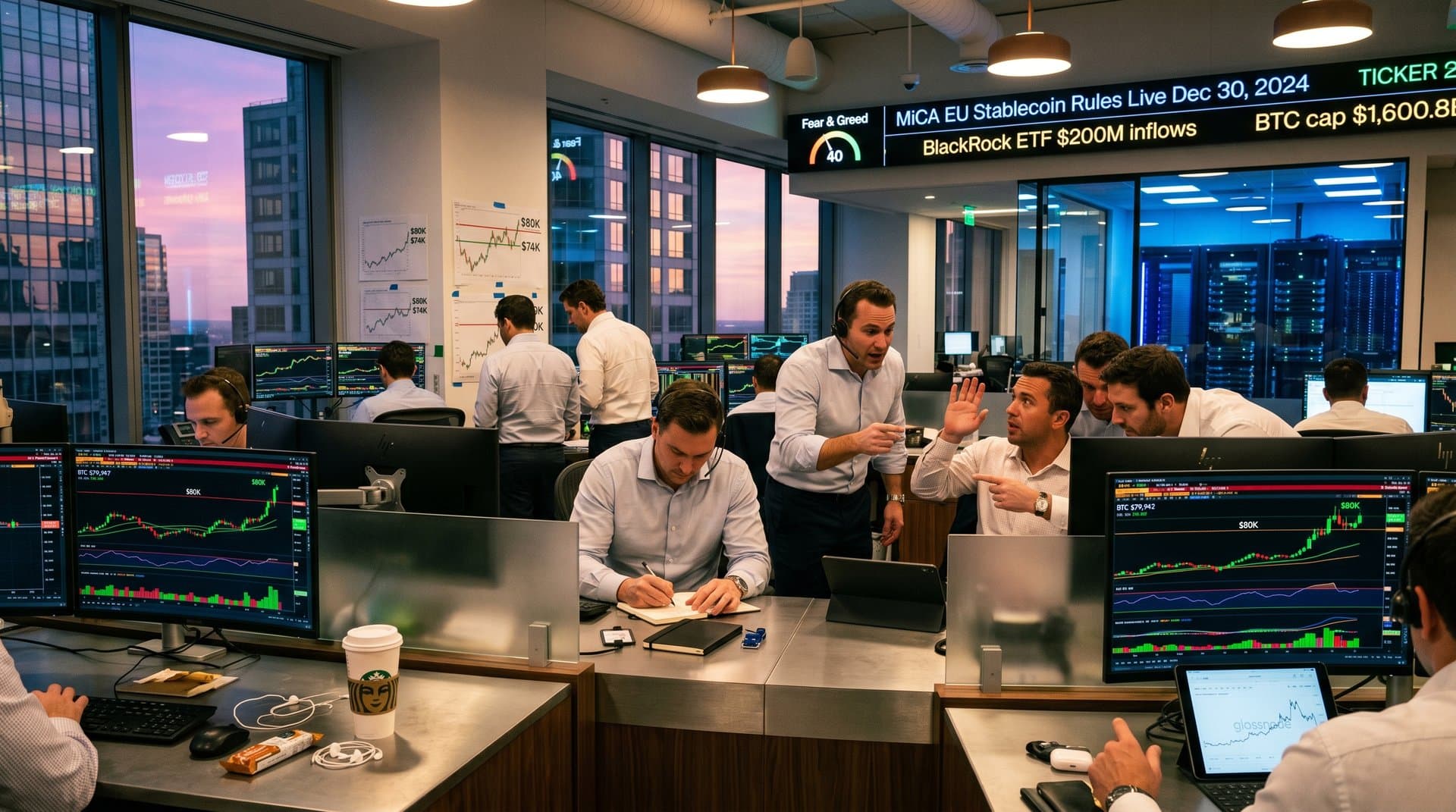Crypto trading floor with BTC charts near $80K, Fear & Greed at 40, and regulatory tickers on screens