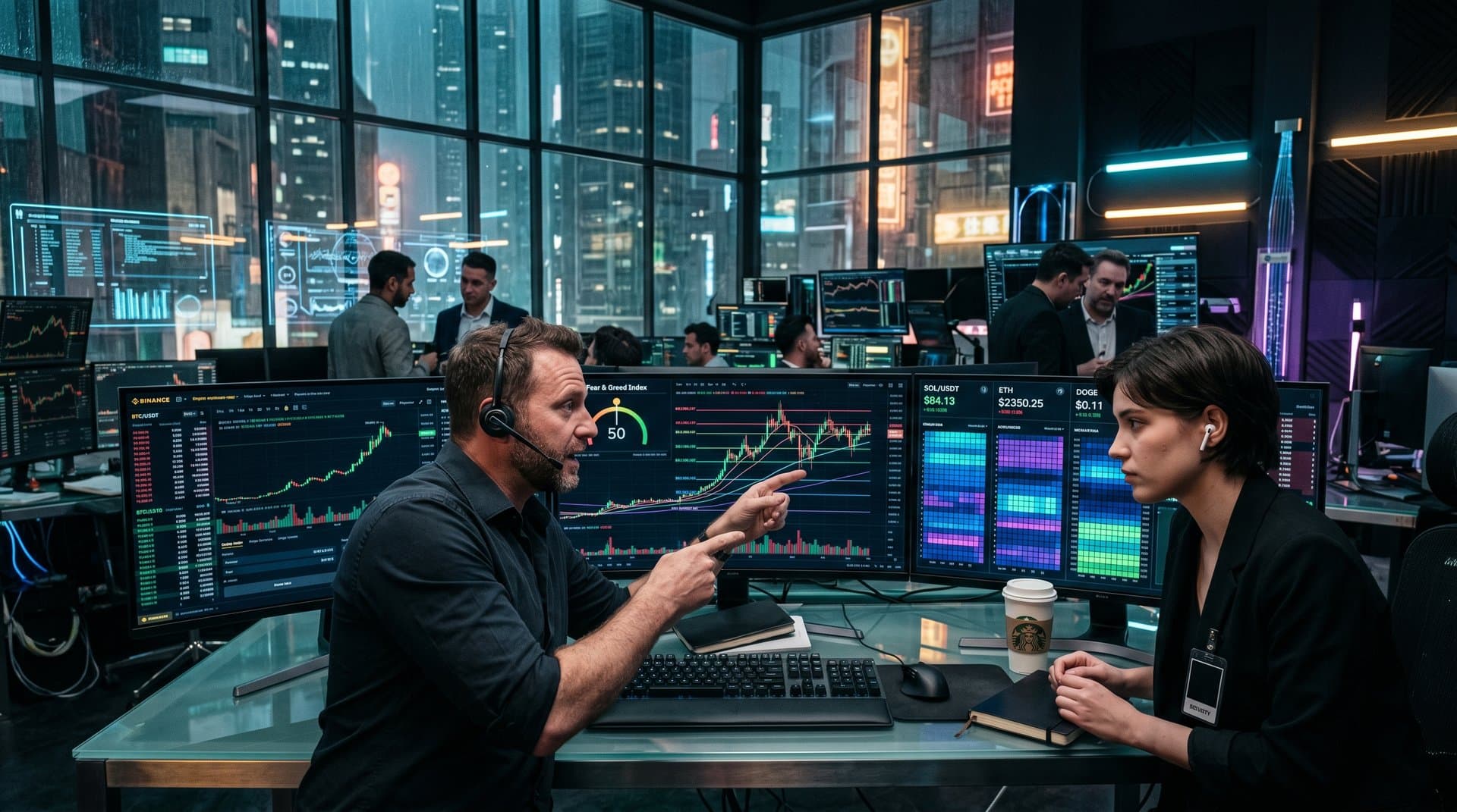 AI cryptocurrency trading bots dashboards on multi-monitors with BTC $79K charts, Fear & Greed 50, and live crypto tickers in professional setup