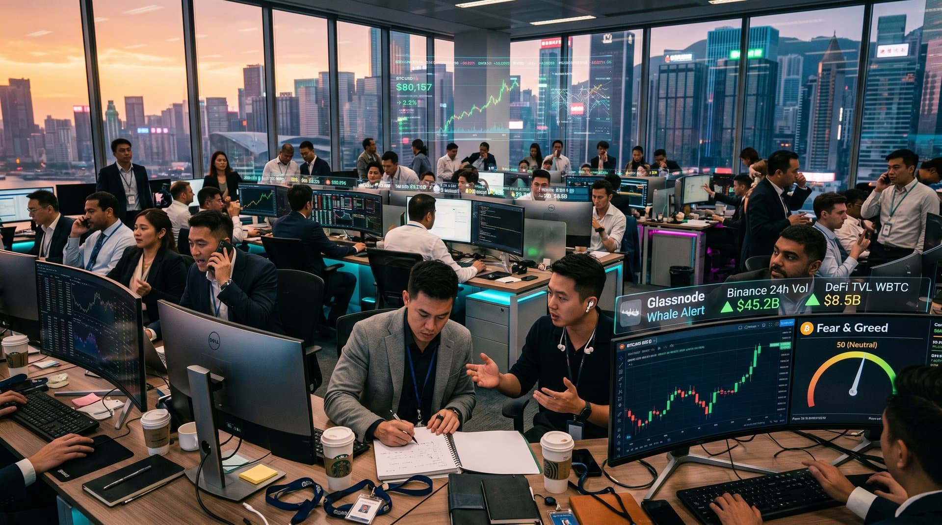 Trading floor monitors BTC price at $80,157 with charts, metrics, and skyline view