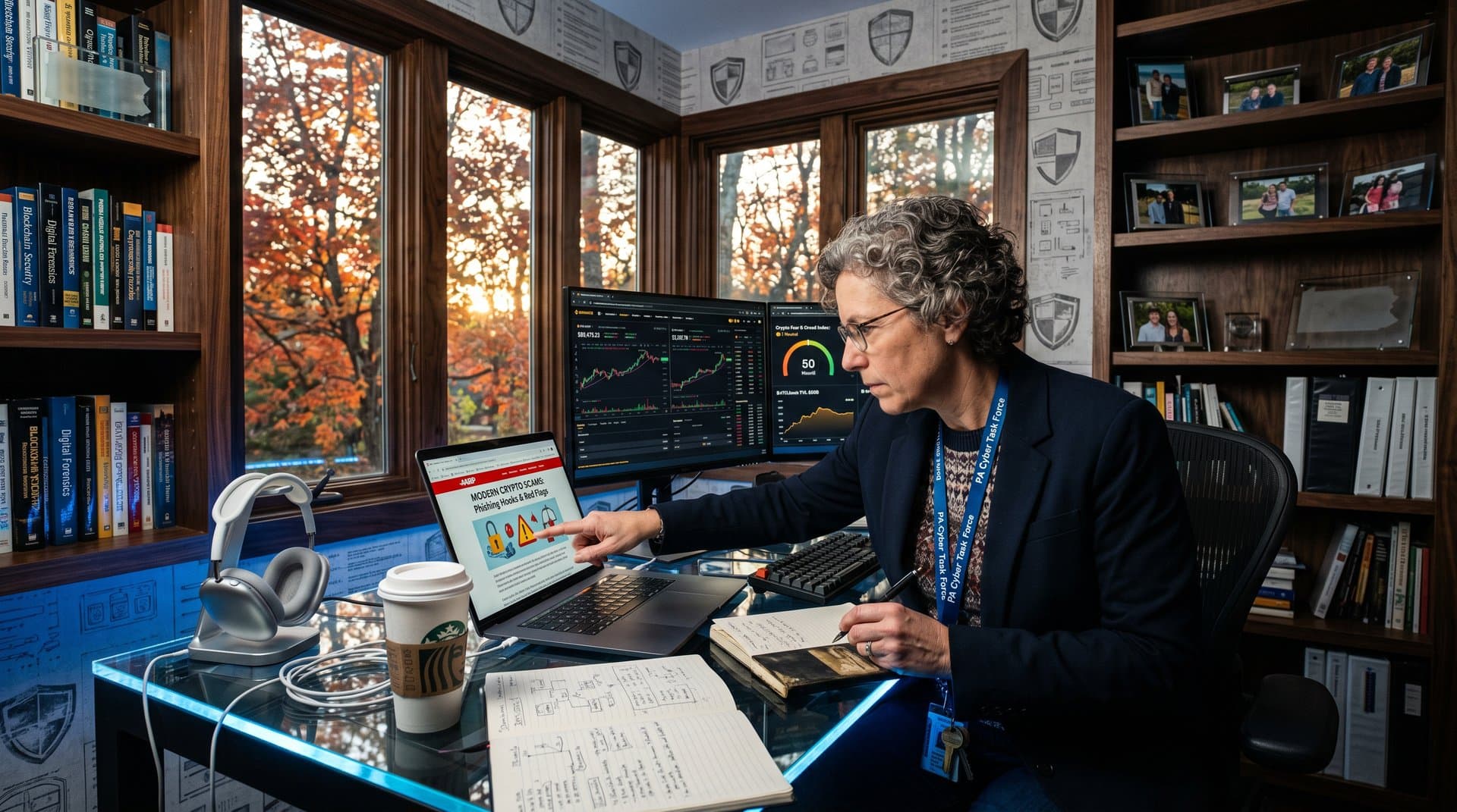 AARP crypto scam alert on screen with DeFi risk charts and BTC price ticker in home office setting