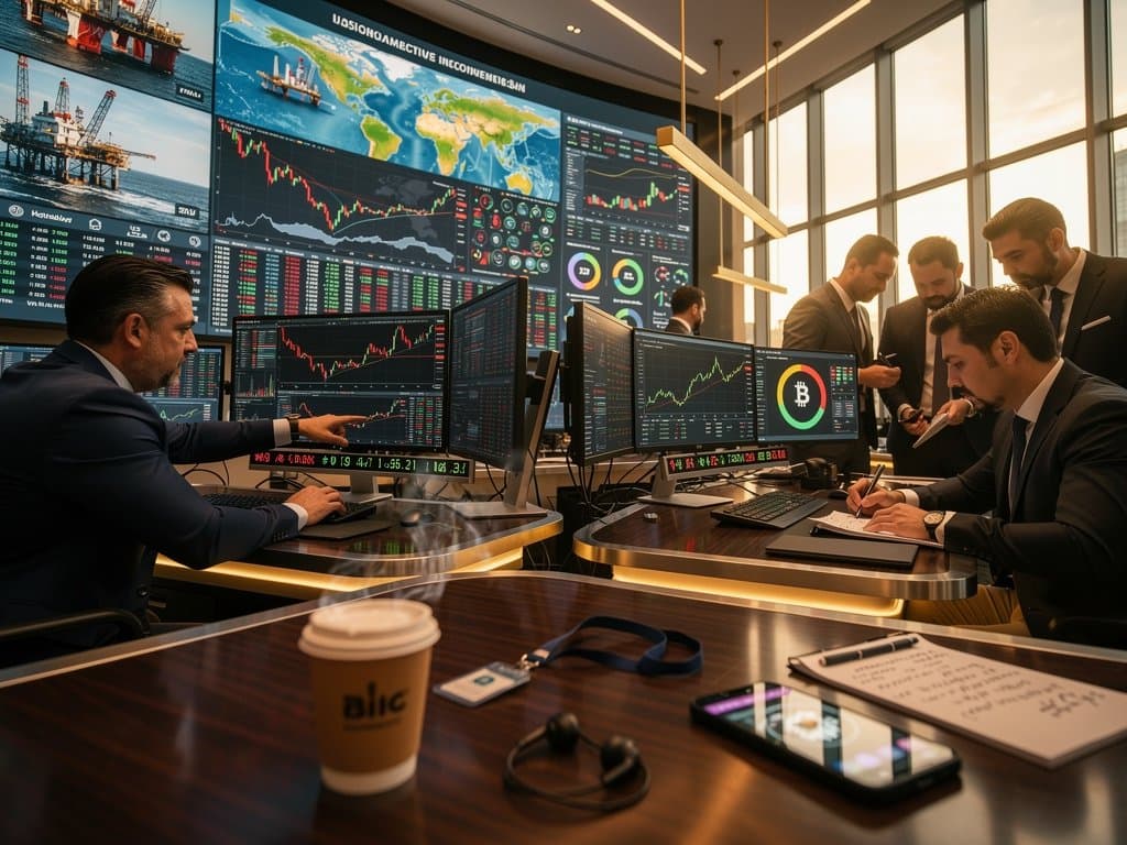 Trading floor screens show oil volatility, BTC price at $74K, Fear & Greed 23
