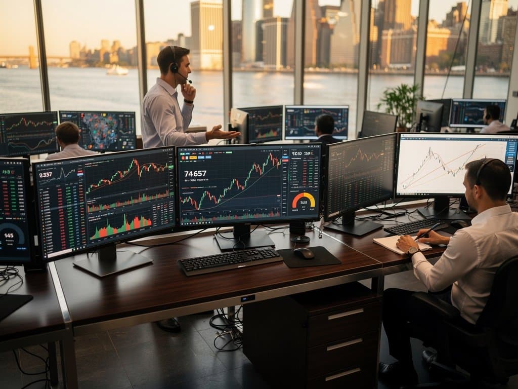 Trading screens showing top 10 cryptocurrencies with BTC at $74K leading market cap, XRP #5 surge to $1.42, Fear & Greed at 23, professional desk charts and on-chain metrics