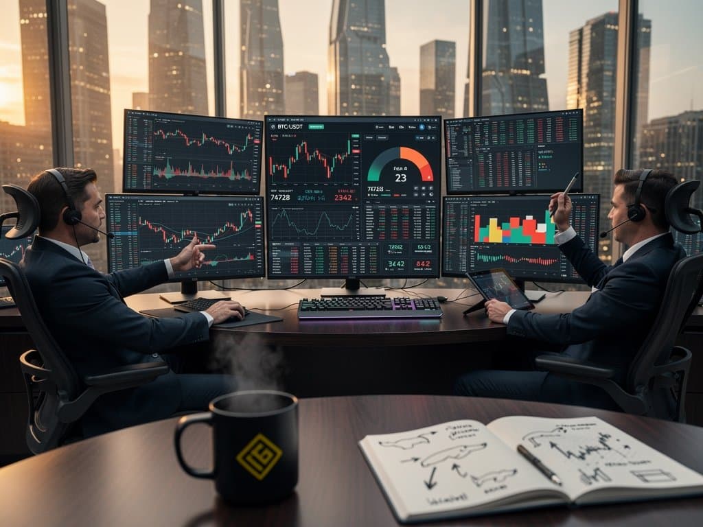 Crypto traders monitor BTC volatility and Fear & Greed Index on multi-screen setups in modern trading floor
