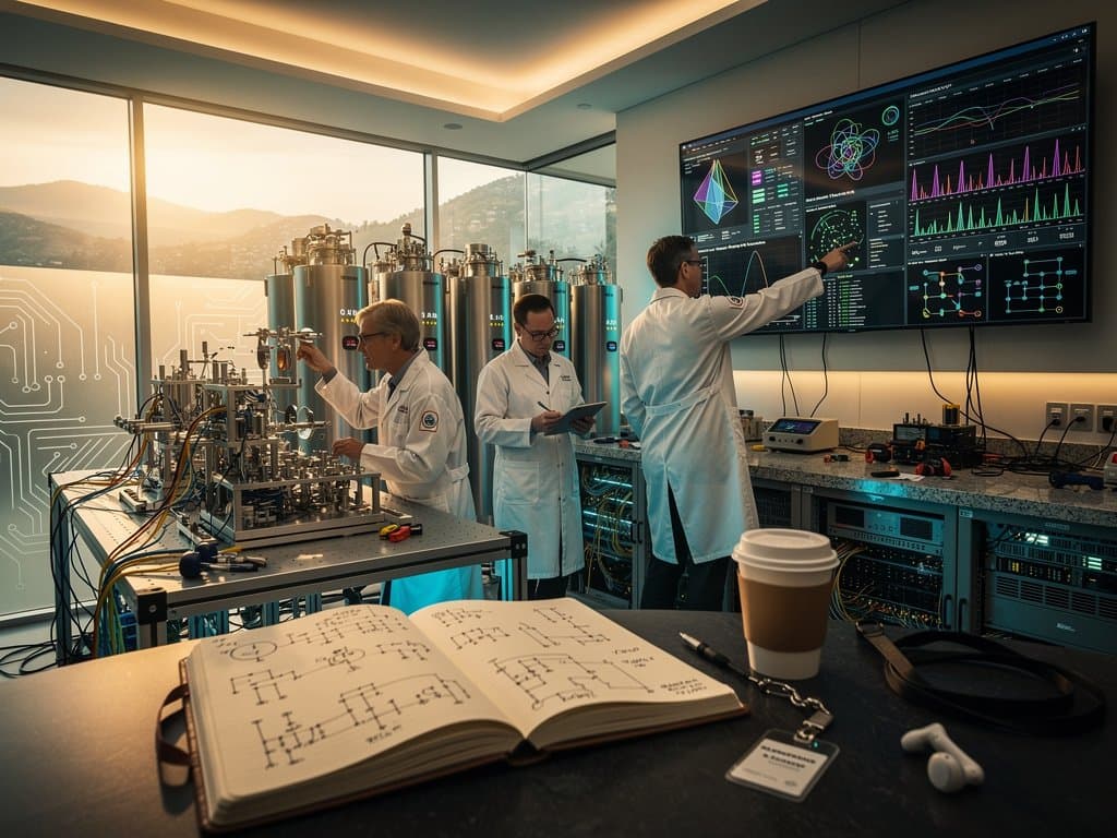 High-tech Google Quantum AI lab with cryogenic fridge, qubit monitors, quantum diagrams, and server racks under natural light