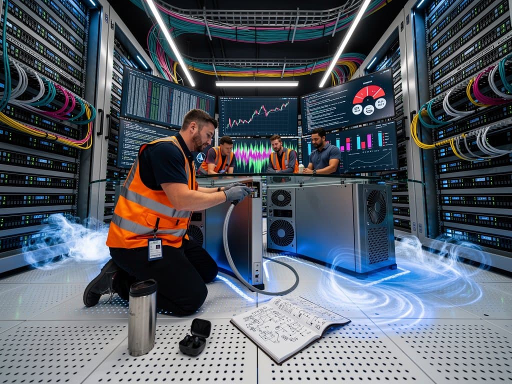 Technicians and engineers monitor Ethereum charts, Fear & Greed Index, and quantum simulations on multi-screen setups in a high-security Tier IV data center with server racks and advanced cooling syst