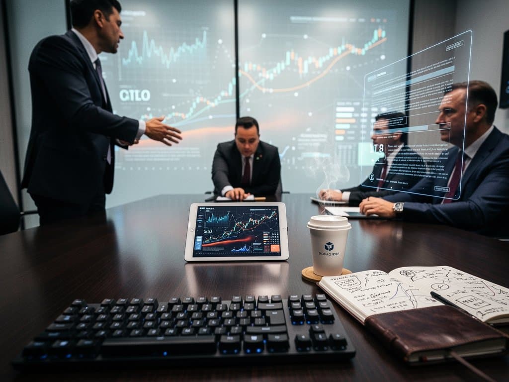 High-tech lab with predictive legal AI dashboards overlaying crypto price charts, SEC timelines, DeFi TVL metrics, and Fear & Greed Index at 23