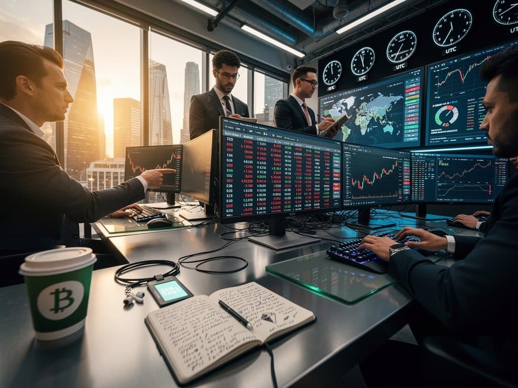 Modern trading floor with screens showing BTC at $74k, Fear & Greed 23, crypto charts, and tax alert overlays
