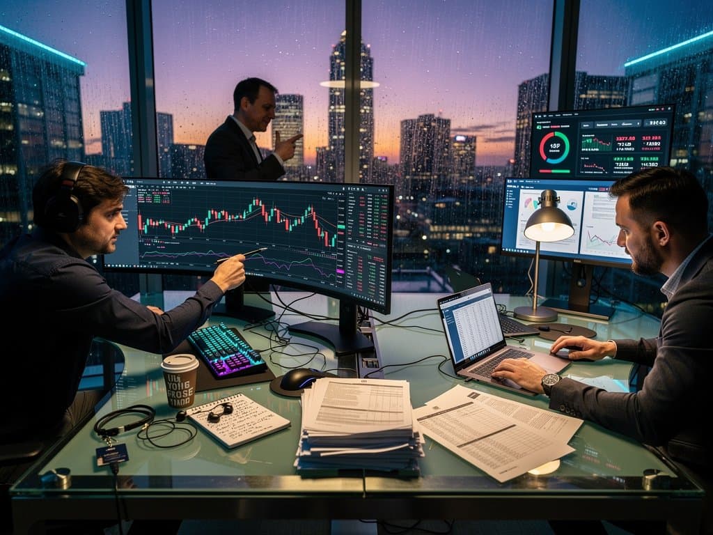 Traders analyze BTC $74K chart and crypto tax forms on modern trading floor
