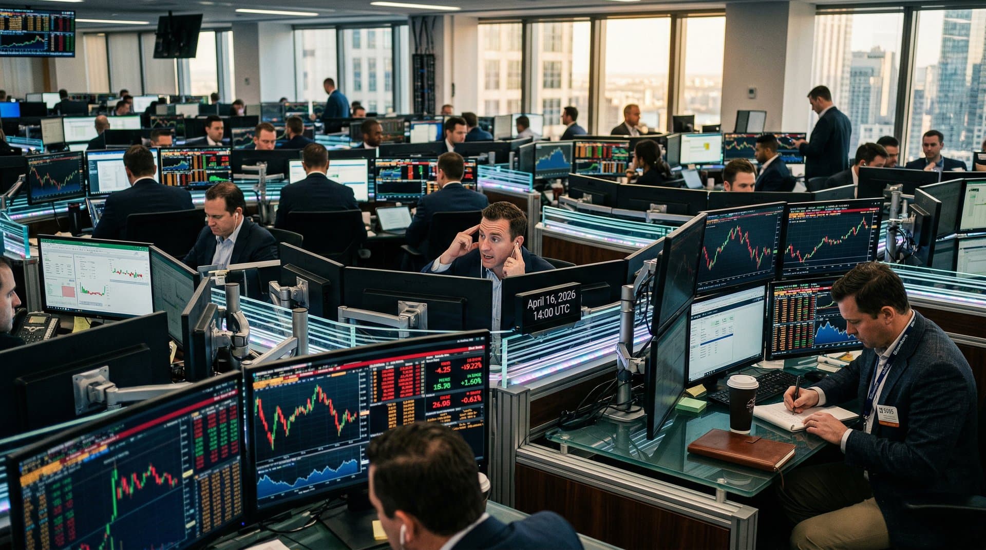 Trading terminals display Ethereum price at $2,339 downtrend, Fear & Greed at 23, BTC at $74,888, L2 TVL charts on modern finance floor