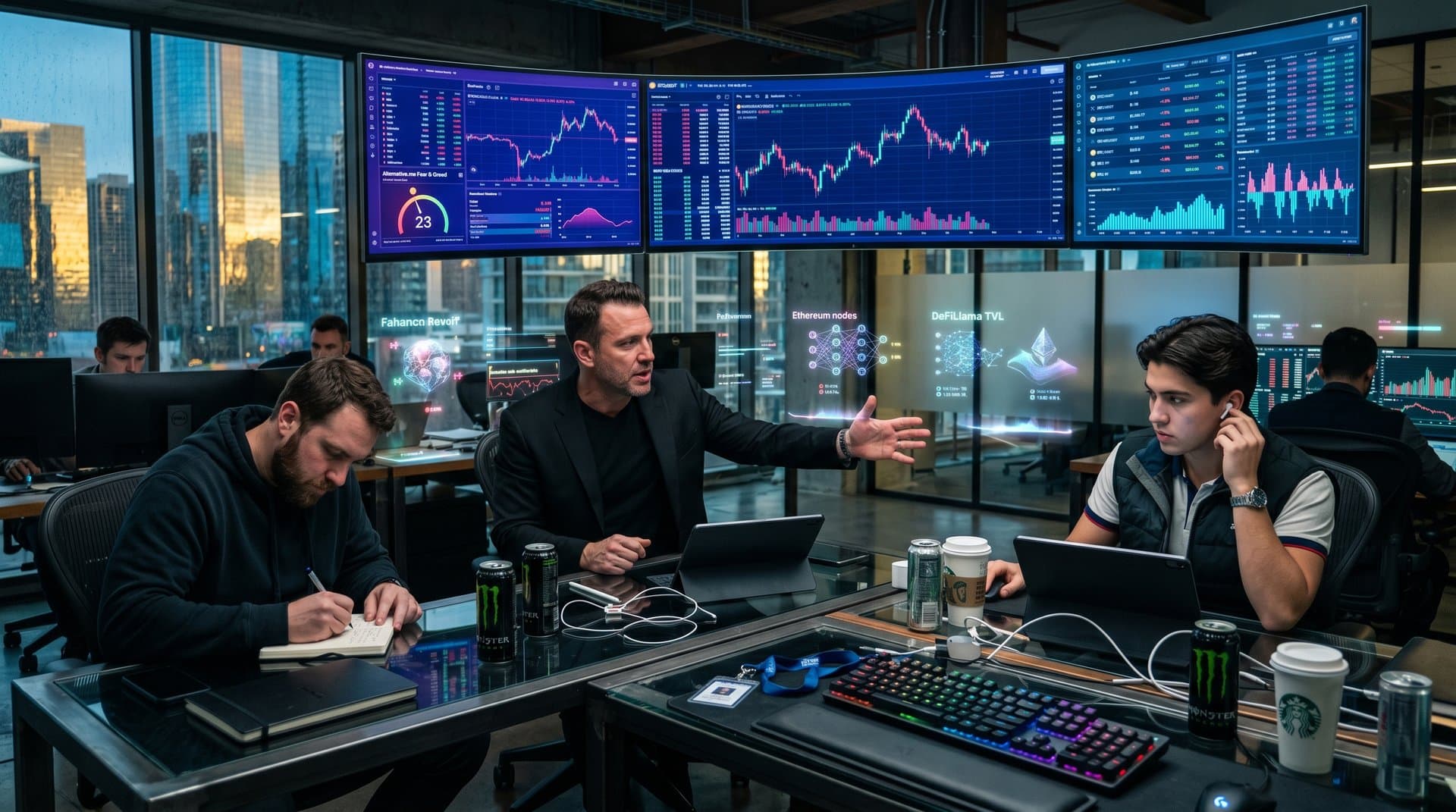 AI neural networks and crypto charts on monitors: BTC at $75K, Fear & Greed 23, XRP sentiment graphs in high-tech trading setup