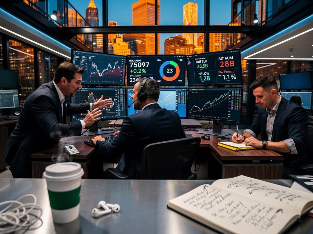 Trader at Bloomberg terminal on Goldman Sachs floor views BTC ETF charts amid multi-monitor setup and analyst discussions