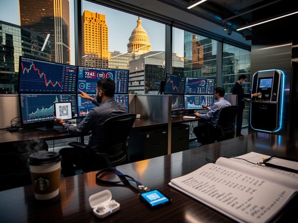 Trading screens show BTC $74,997, Fear & Greed 21, crypto ATM bill passage easing KYC rules