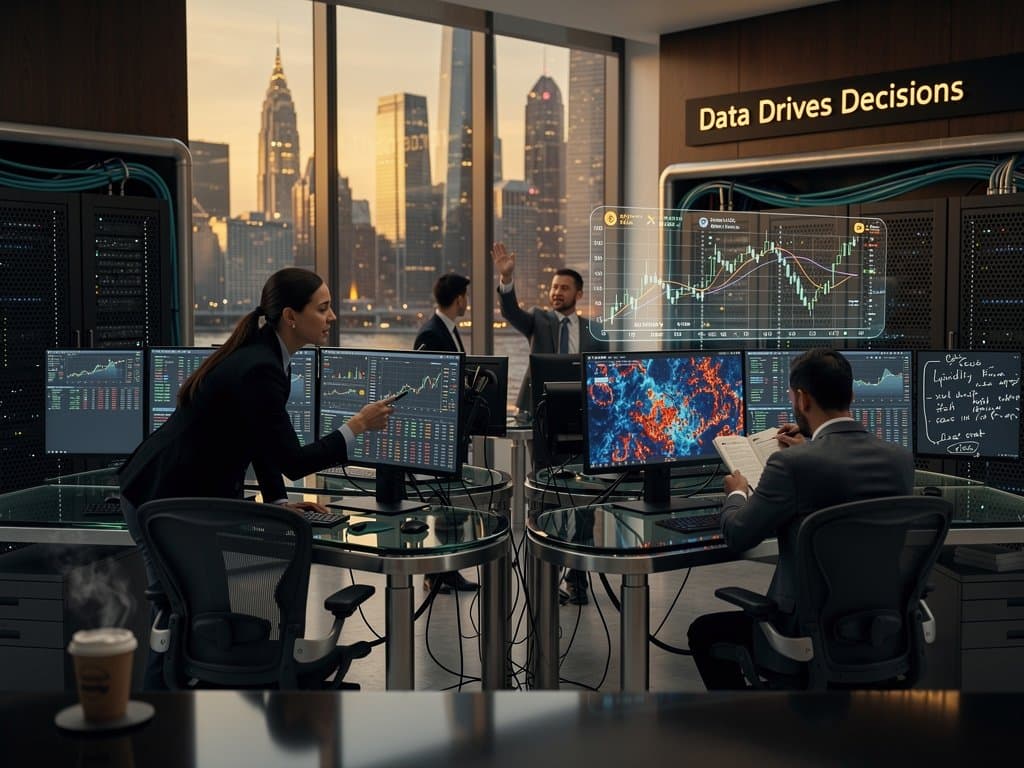 Traders at Bloomberg terminals in Schwab innovation center study BTC charts and AI analytics on multi-monitor desks amid modern trading floor bustle