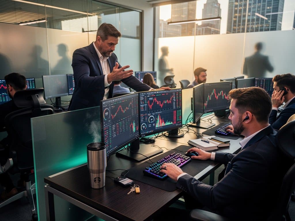 Crypto analysts monitor screens with Bitcoin charts at $74k, Fear & Greed at 21, on-chain data, and DeFi metrics on a modern trading floor