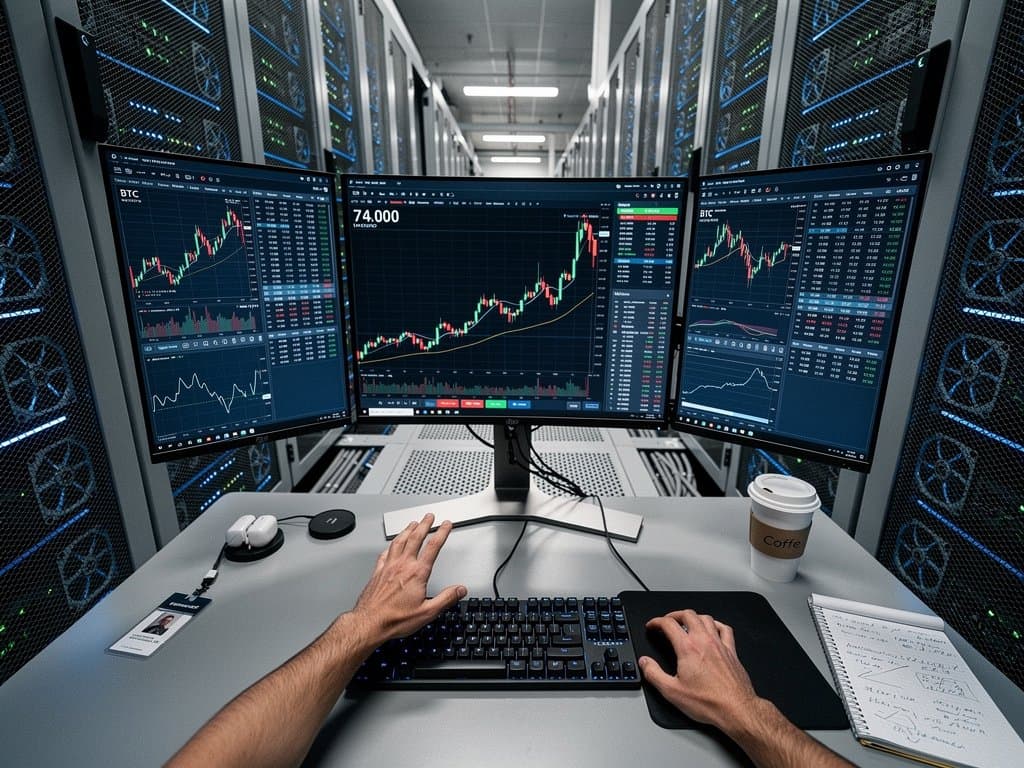 Engineers monitor server racks and Bloomberg terminals in a bustling Tier IV data center, BTC charts flash on high-end monitors amid fiber cables and cooling systems