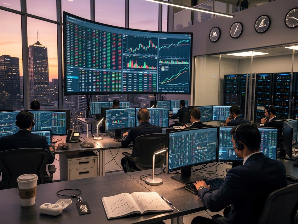 Trading floor screens displaying FOMC rates steady, BTC $75K on KuCoin, Fear & Greed 21, crypto charts in financial hub