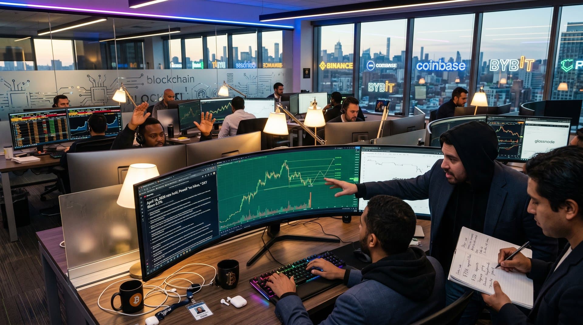 Traders analyzing BTC charts on multi-monitor setups amid FOMC data on premium trading floor