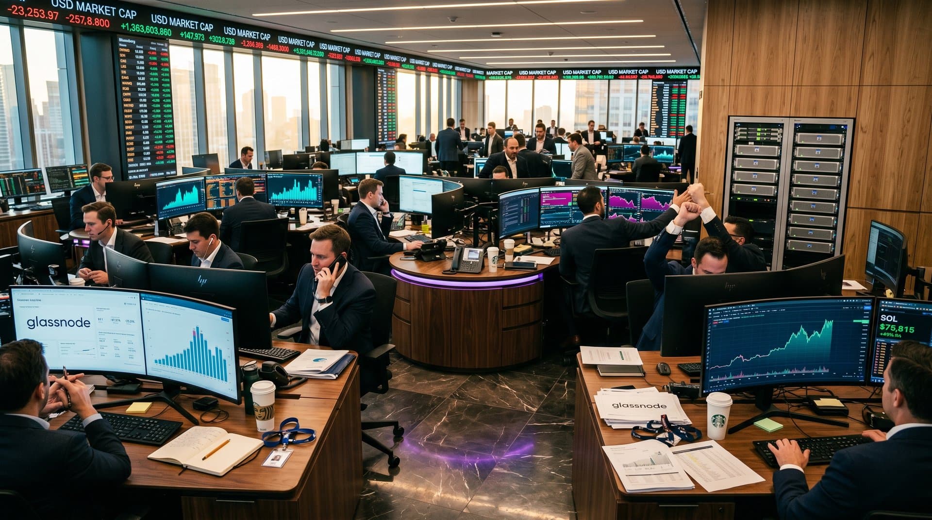 Trading terminals display Fear & Greed Index at 21, BTC at $75,815, rising SOL charts, and DeFi perp data on busy finance floor