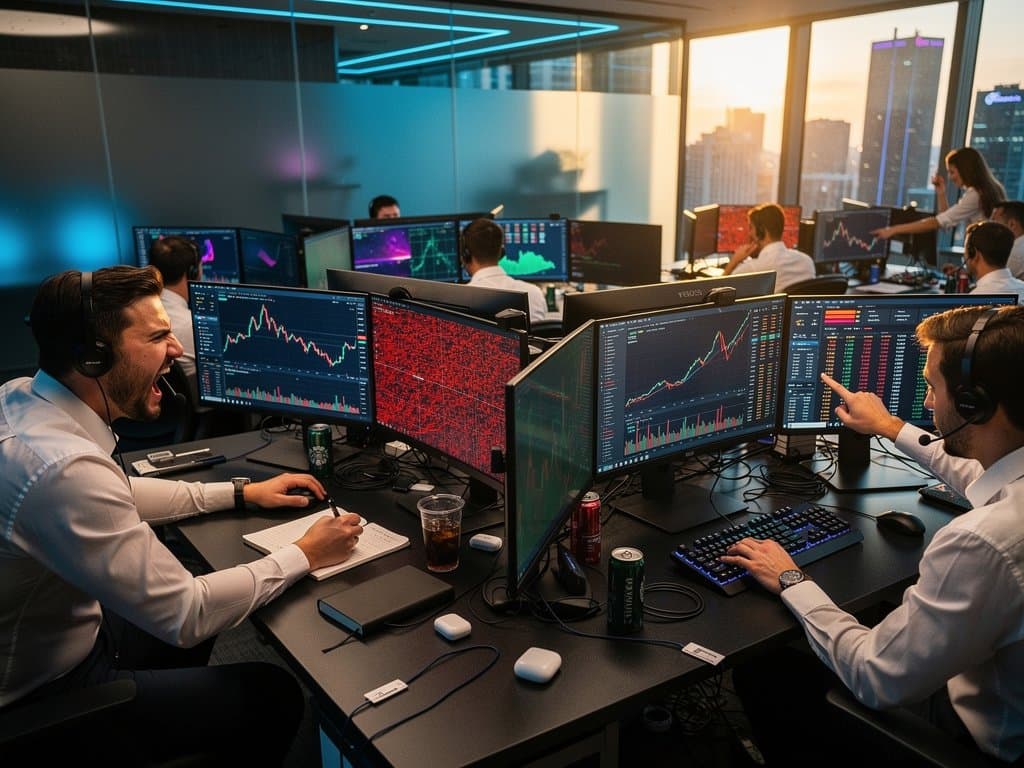 Crypto trading floor with monitors showing BTC $75K charts on Binance, short squeeze heatmaps, Fear & Greed at 21, DeFi perp data in modern office