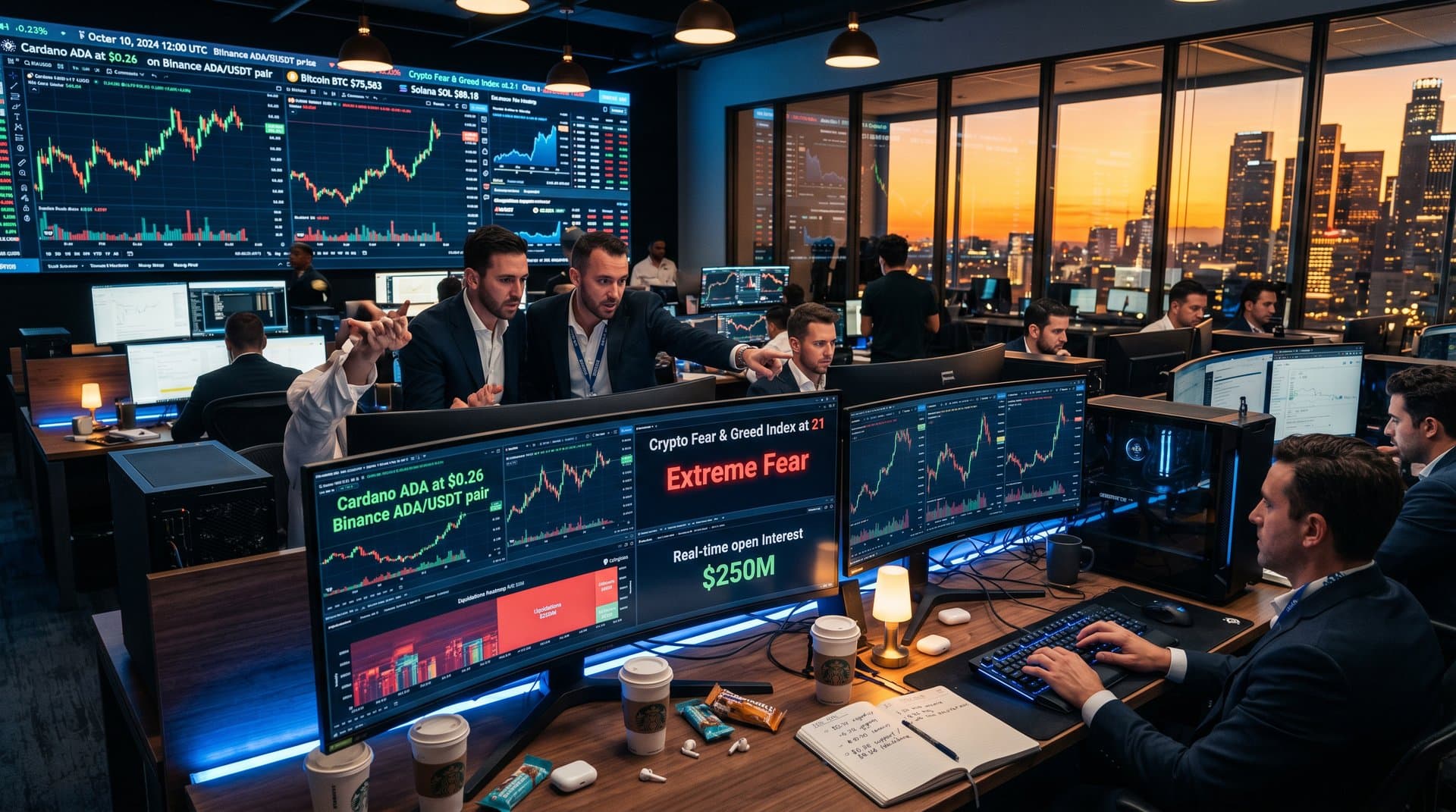 Trading floor monitors show ADA price charts at $0.26 and Fear & Greed Index at 21 amid altcoin rally data