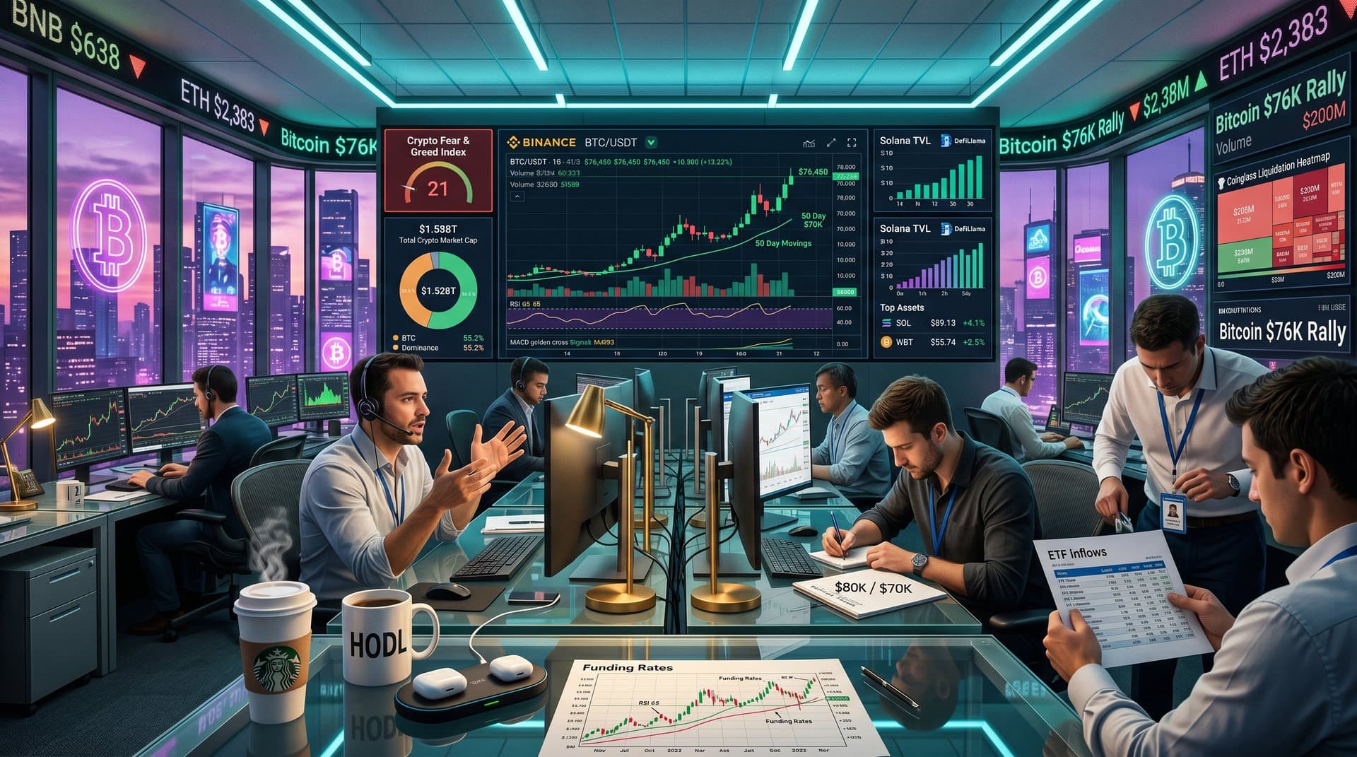 Trading screens show BTC at $76,450, market charts, Fear & Greed index in newsroom