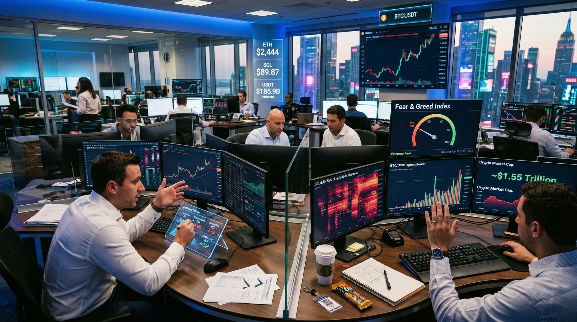 Trading floor screens show BTC $77k charts, Fear & Greed 21, crypto squeezes amid modern finance setup