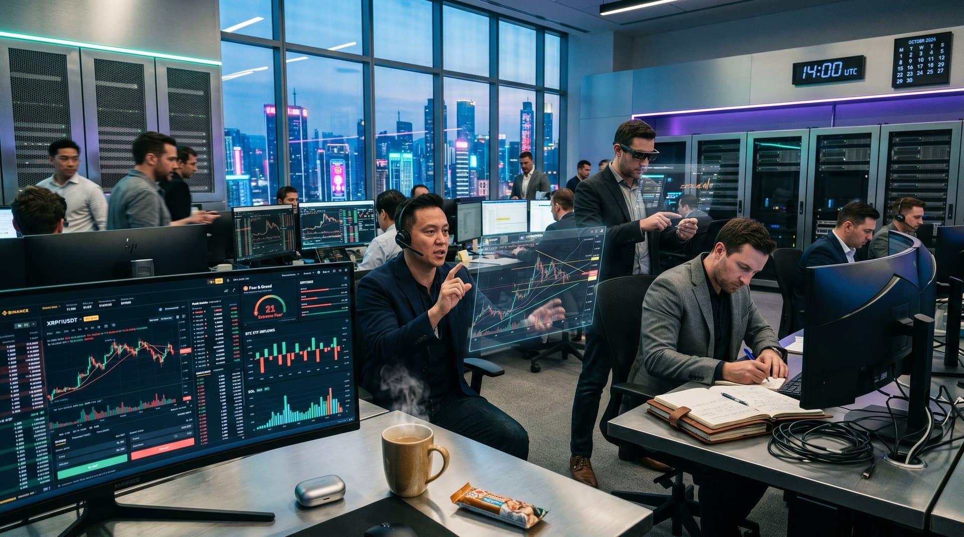 Trading floor screens show XRP at $1.49 charts, Fear & Greed 21, institutional metrics with analysts at work