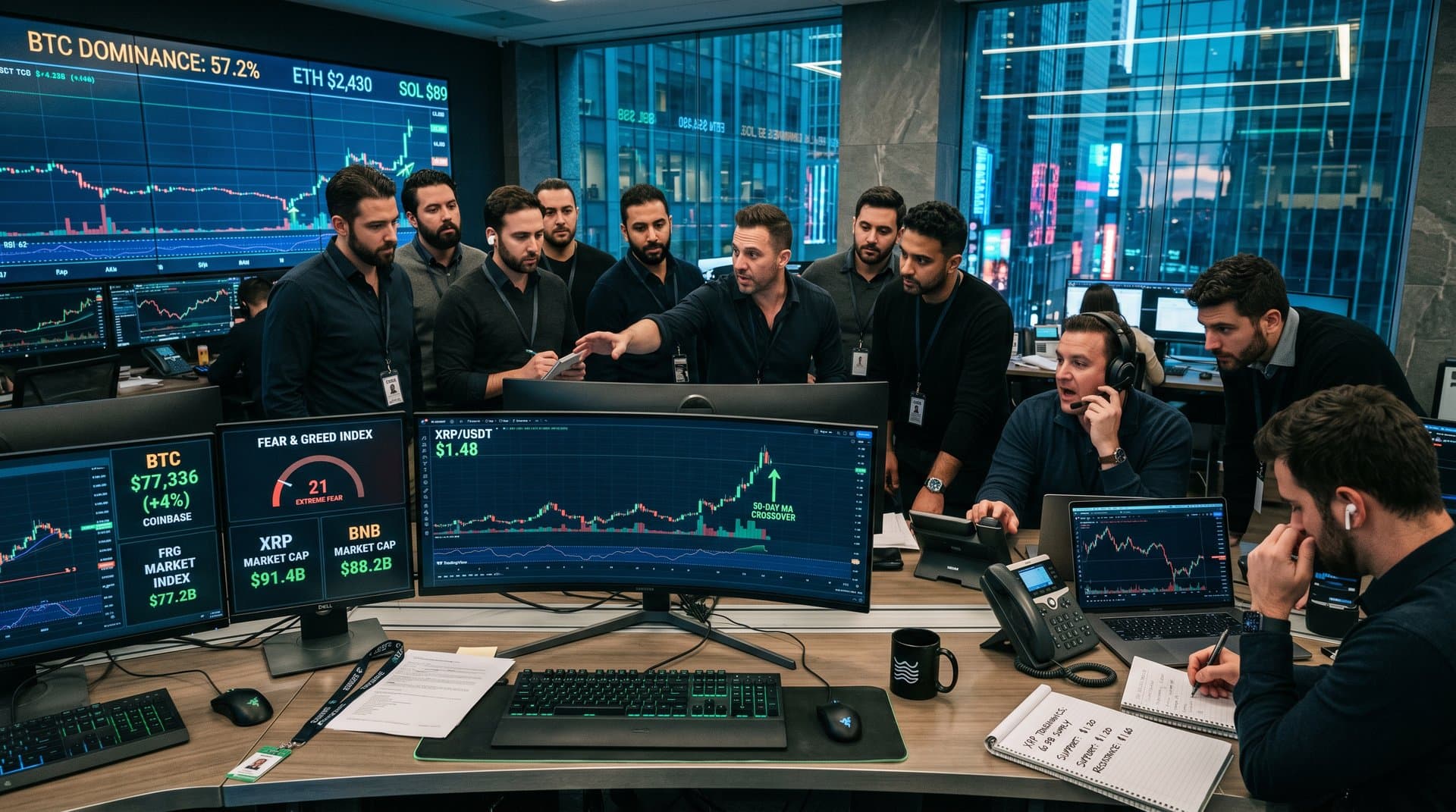 Crypto traders monitor XRP $1.48 charts, BTC rally, and Fear & Greed Index on trading desk screens