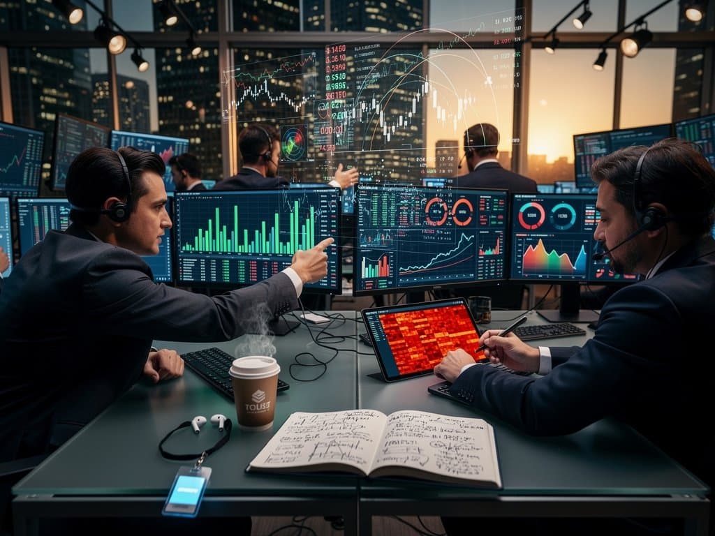 Crypto traders analyze BTC price charts, short squeeze risks, and market data on high-tech trading floor