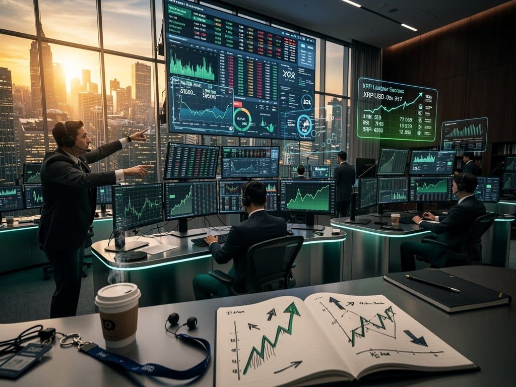 Trading floor analysts review XRP charts and ETF data on multiple screens in professional finance environment