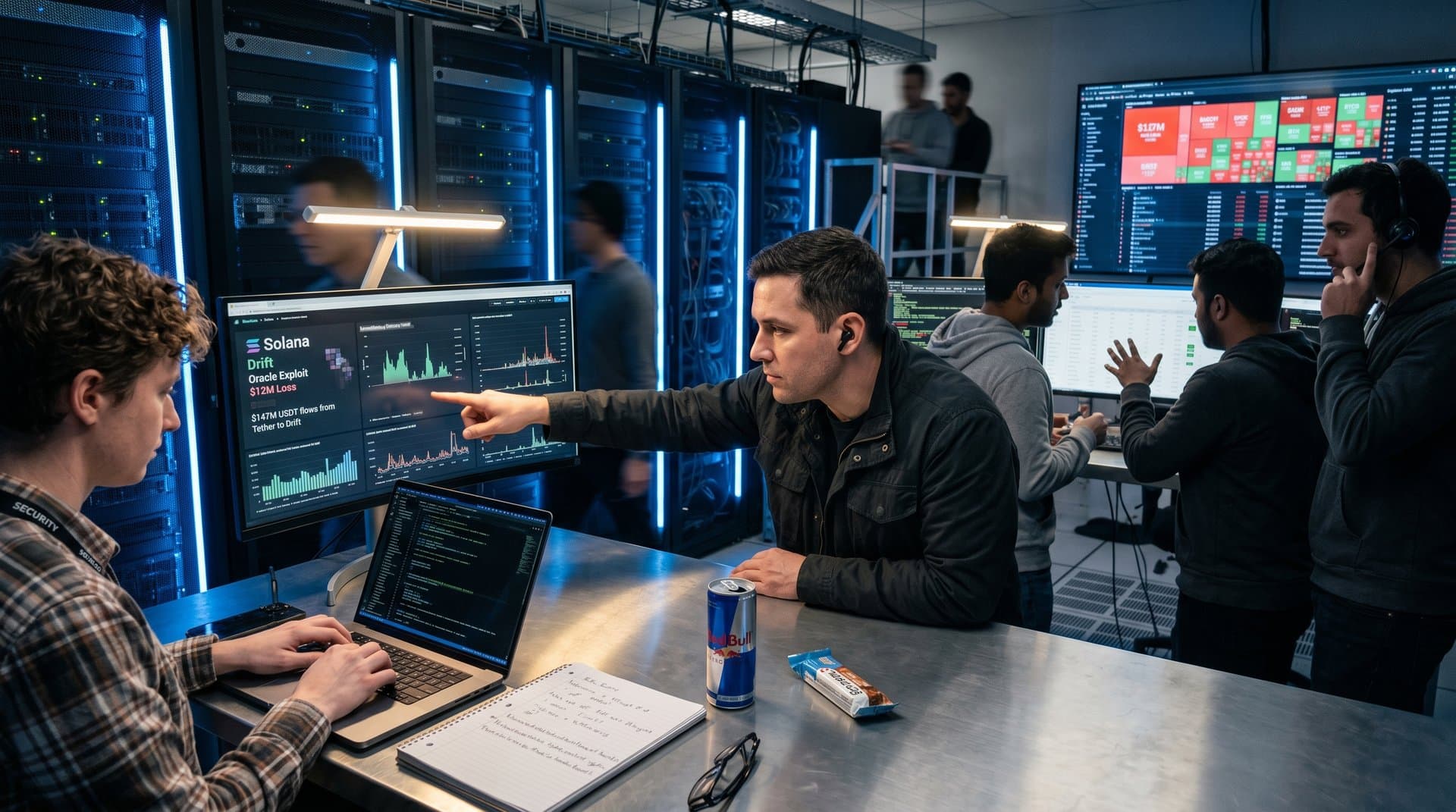 Cybersecurity team monitors DeFi hack response with Tether bailout data on screens in secure server room