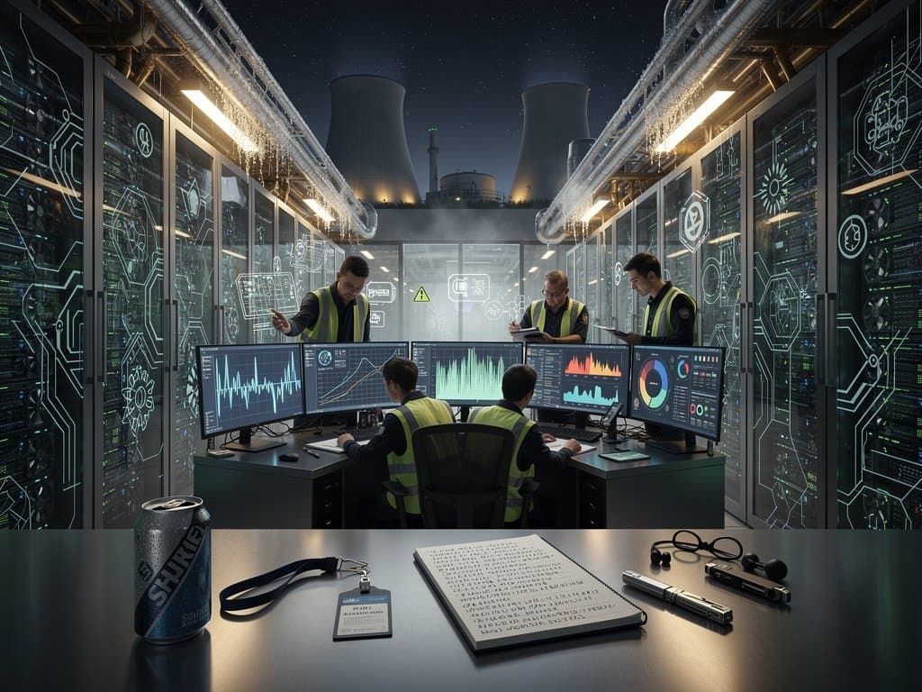 AI-monitored server racks in Tier IV data center displaying nuclear regulation and crypto mining charts