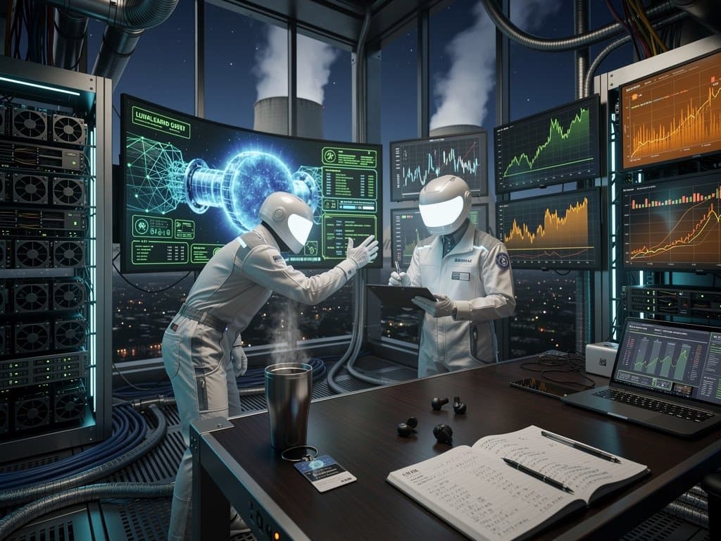 Engineers monitor AI-driven servers and BTC hashrate charts in a bustling Tier IV nuclear-powered data center with raised floors and glowing racks