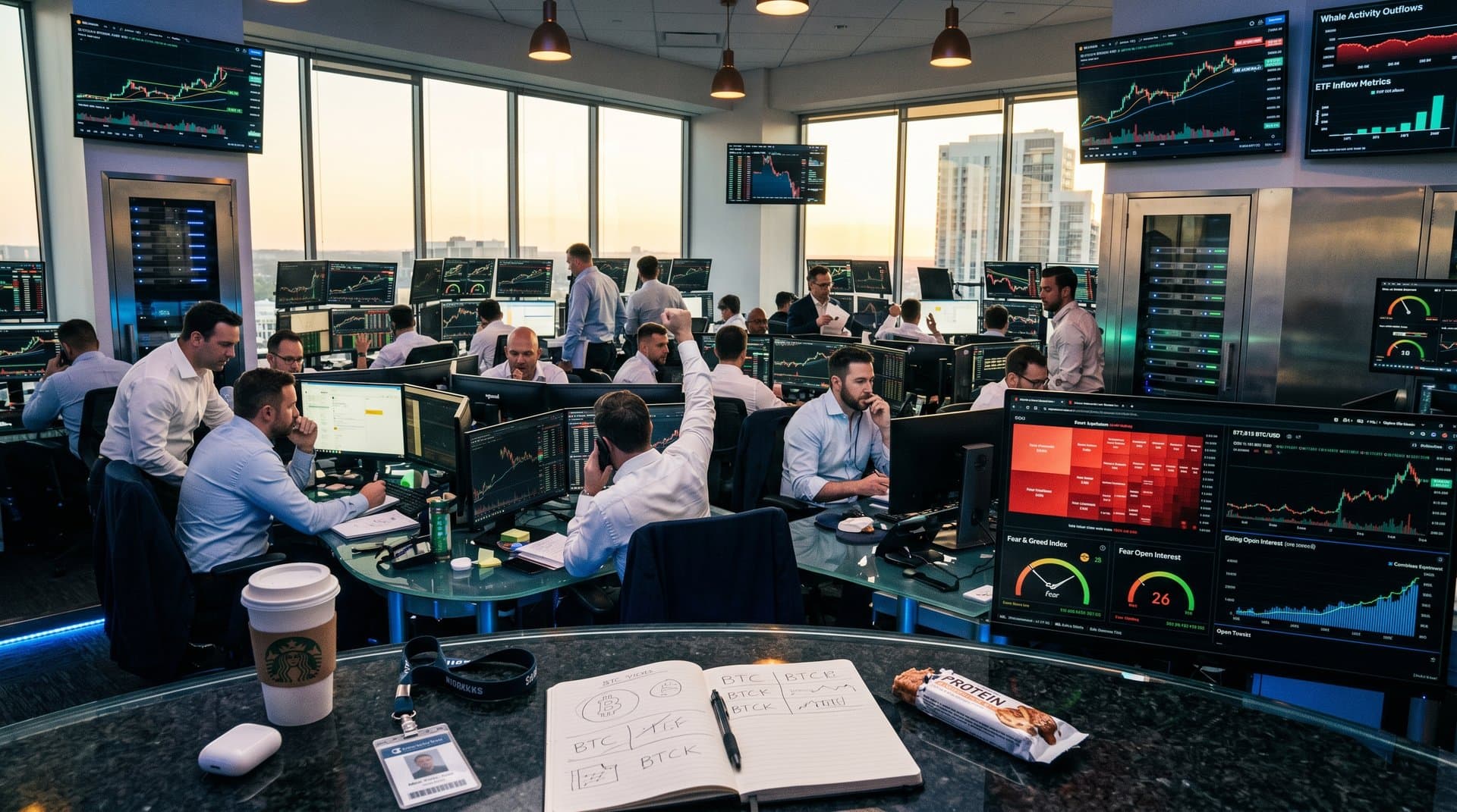 Trading screens show BTC at $77K, short squeeze risks, Fear & Greed at 26 on modern financial floor