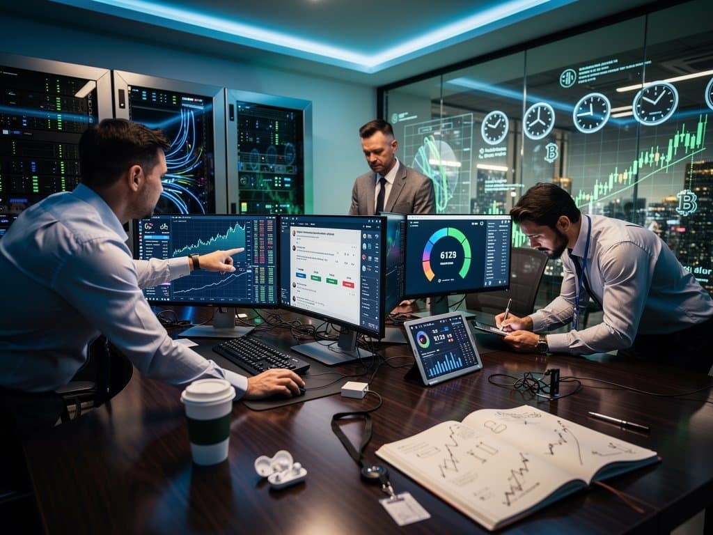 Crypto trading desk with monitors showing BTC at $77K, Meta AI drafting posts, Fear & Greed at 26, and market data