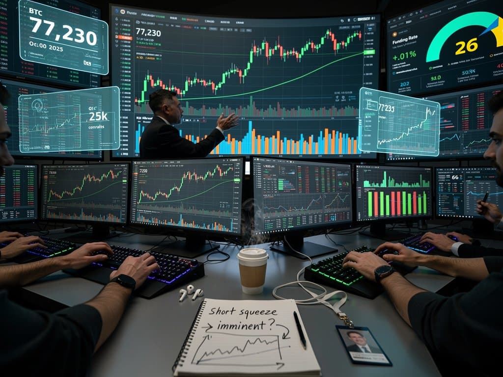 High-tech trading screens show Bitcoin at $77,230 with short squeeze charts and market data