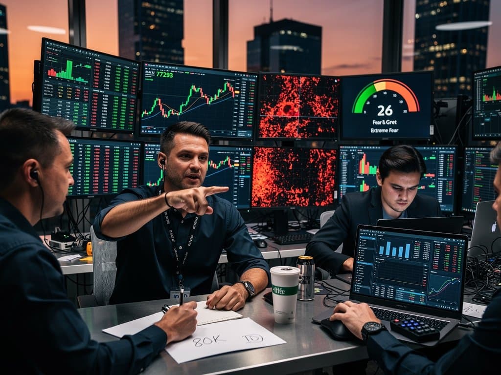 Crypto trading screens show BTC short squeeze signals with price surge to $77k and liquidation charts