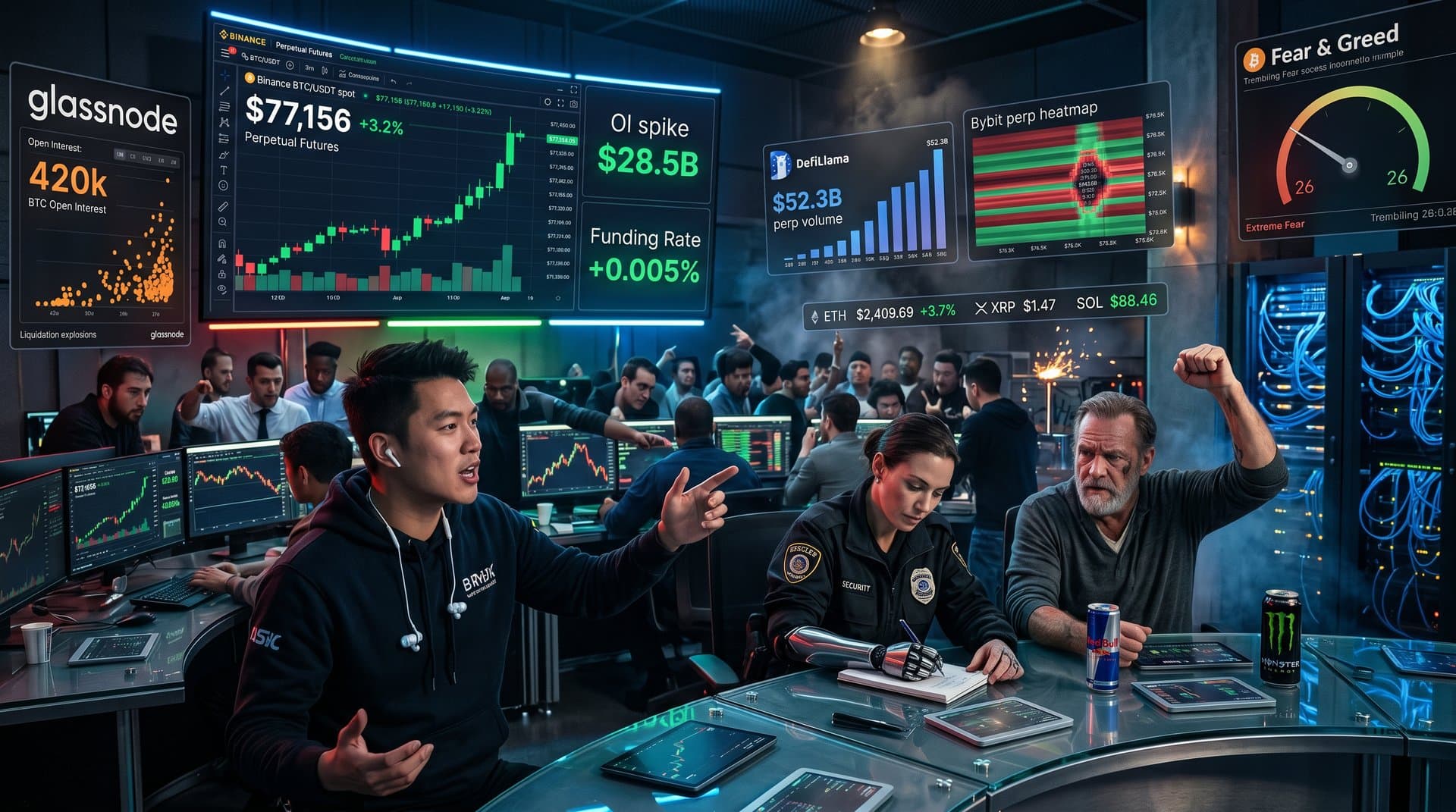 Crypto traders monitor BTC short squeeze risks on screens displaying $77K price, perp volumes, Fear & Greed 26 in neon trading environment