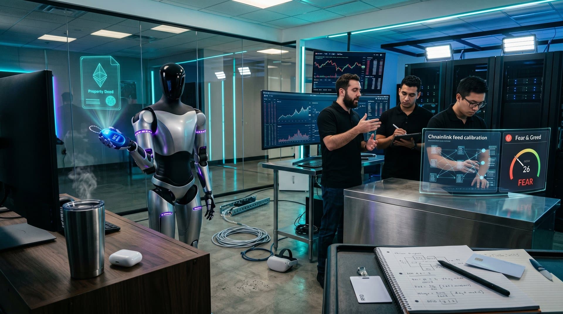 AI robot hand grips key fob for DeFi real estate NFT verification amid blockchain screens