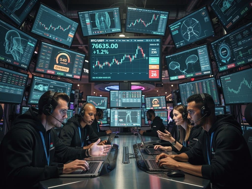 Cyberpunk trading desk fusing crypto charts at BTC $76,635, Fear & Greed 26, with anesthesiology AI override monitors in neon style